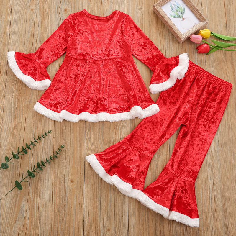 Toddler Kids Girls Red Plush Trumpet Sleeve Christmas Suit Children Clothing Vendors - PrettyKid