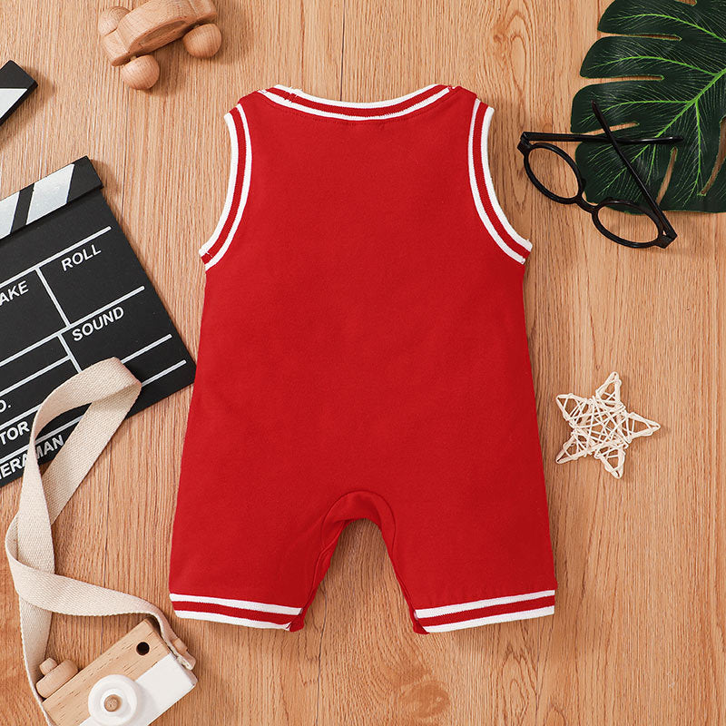 Baby Boys Solid Colour Monogrammed Sleeveless Sports Basketball Jumpsuit - PrettyKid