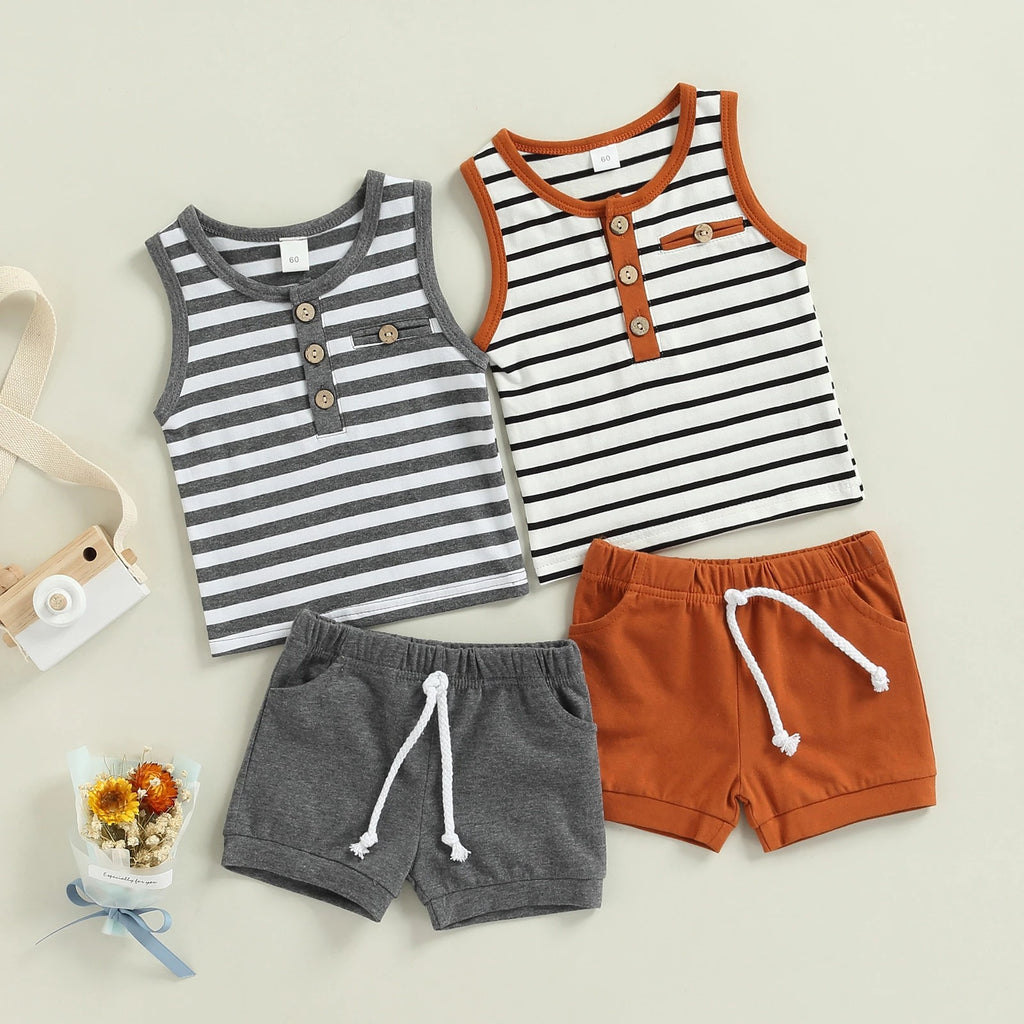 Toddler Boys Contrast Stripe Top Solid Shorts Set - PrettyKid