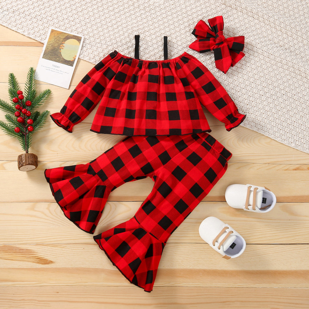Toddler Girls' Plaid Long Sleeve Suspender Top Flared Pants Set Kids Clothes Vendors - PrettyKid
