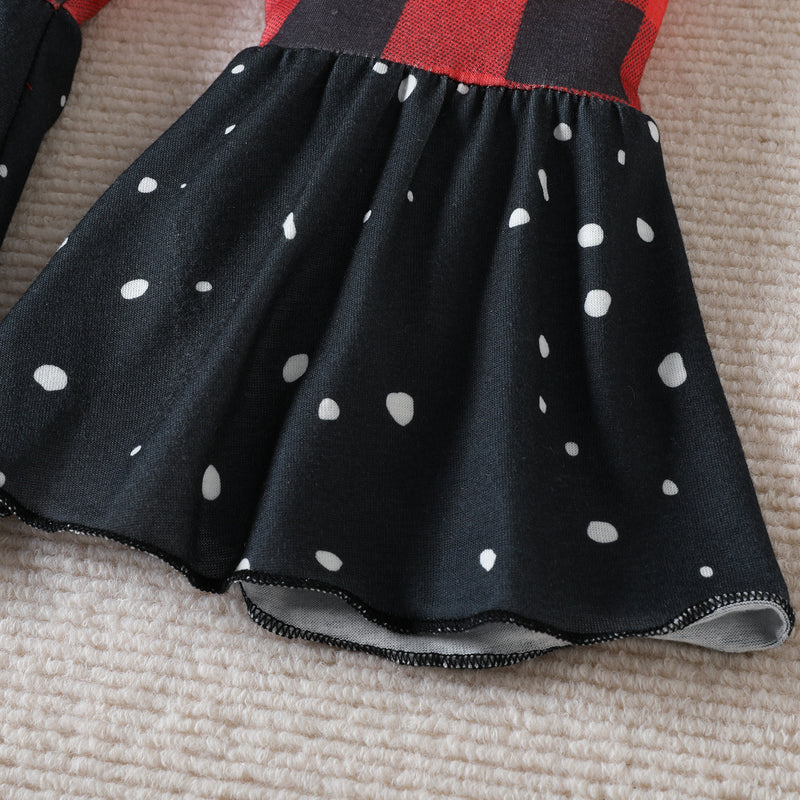 Toddler Girls Christmas Print Flared Sleeve Top Plaid Pants Set - PrettyKid