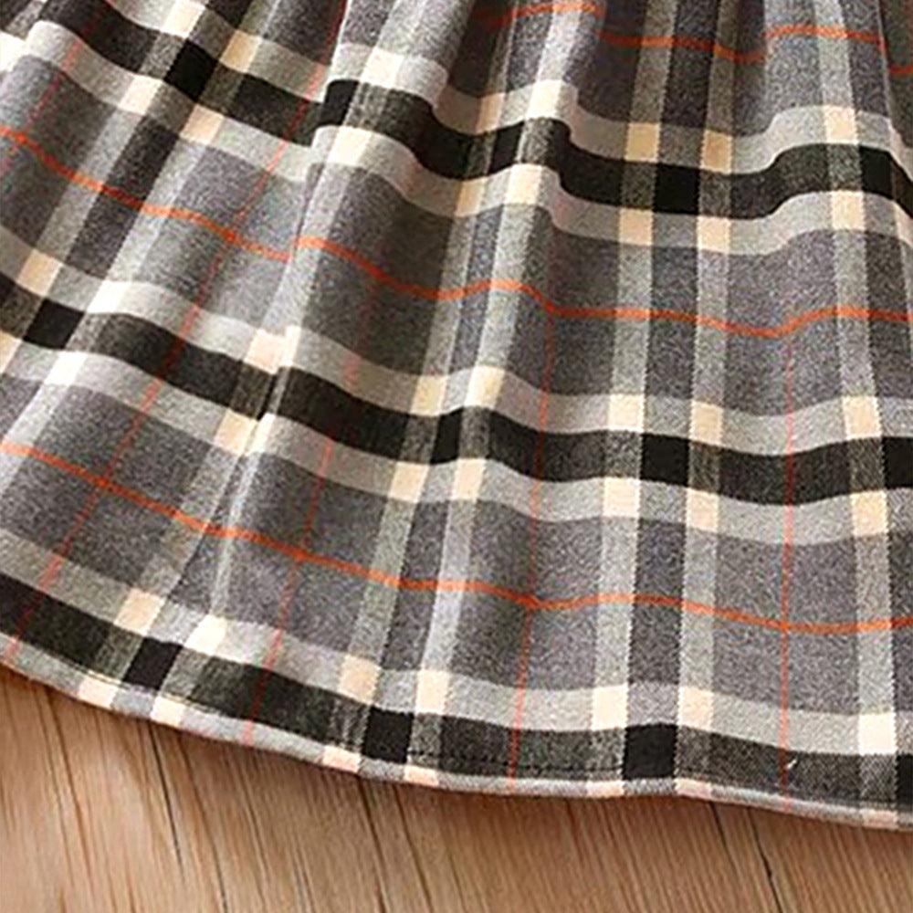 Children Girl's Doll Neck Plaid Long Sleeve Dress - PrettyKid