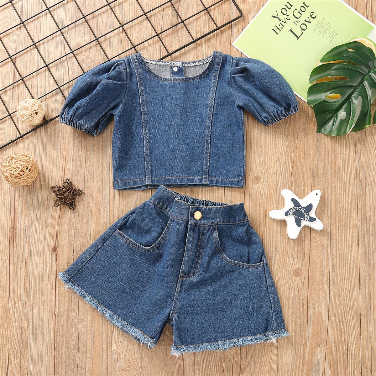 Summer Girls' Single Breasted Short Sleeve Denim Suit - PrettyKid