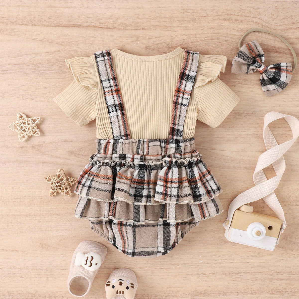 Baby Check Skirt Bow Short Sleeve Bodysuit - PrettyKid