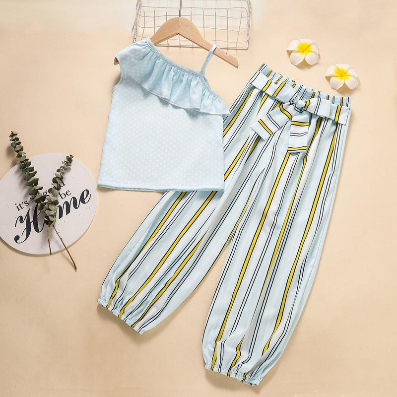 Children Girls' Wave Point Suspender Striped Pants Set - PrettyKid