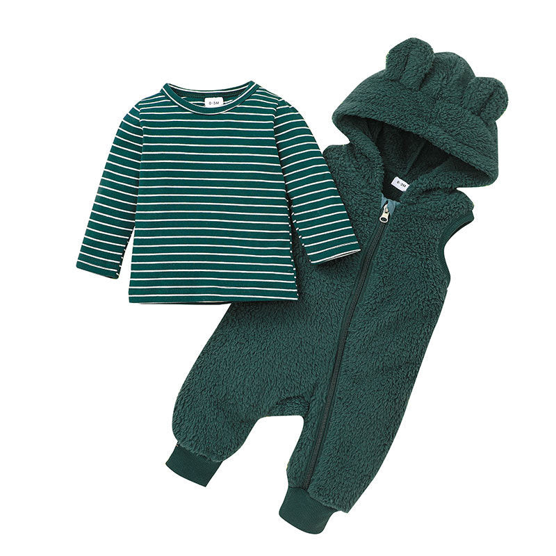 Baby Boys Girls Striped Long Sleeve T-shirt Solid Color Lovely Ear Hooded Sleeveless Romper Suit - PrettyKid