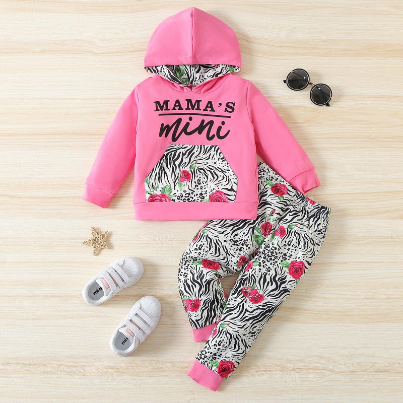 Toddler Kids Girls Solid Color Letter Print Animal Print Long Sleeve Hooded Sweatshirt Suit - PrettyKid