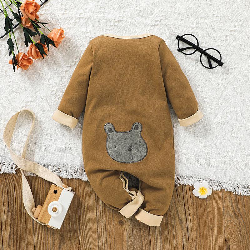 Baby Boys Solid Color Long Sleeve Cartoon Bear Jumpsuit - PrettyKid