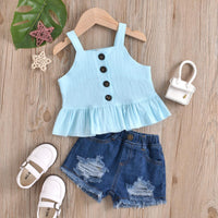 Children's Sling Single Breasted Ruffle Top Button Hole Jeans Children's Suit