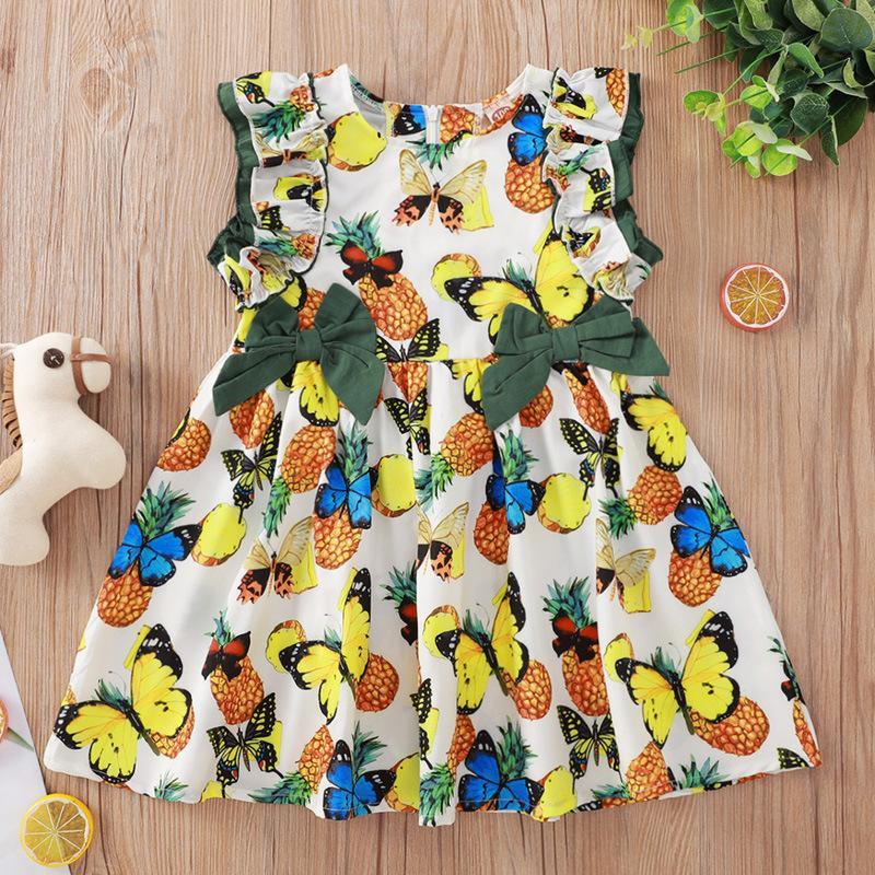 White Butterfly Print Flounced Sleeve Dress - PrettyKid