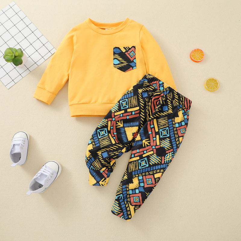 Toddler Girls Boys Solid Pocket Geometric Print Long Sleeve Set - PrettyKid