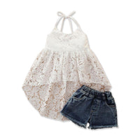 Trendy fashion sling lace irregular tuxedo top and denim shorts Vendors - PrettyKid