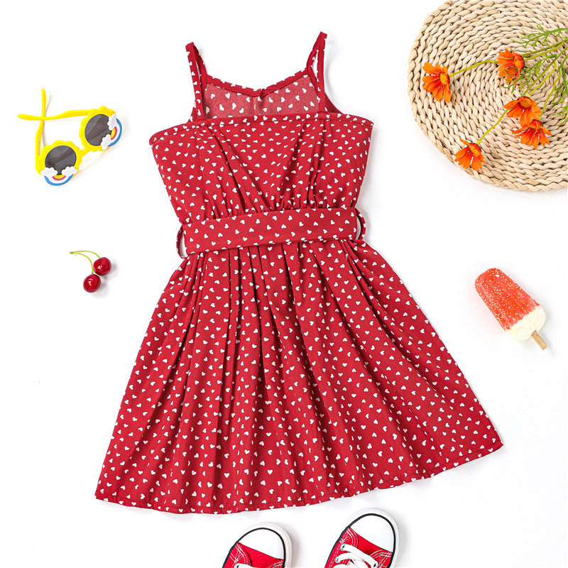 Toddler Kids Girls Solid Dot Print with Belt Sleeveless Suspender Dress - PrettyKid