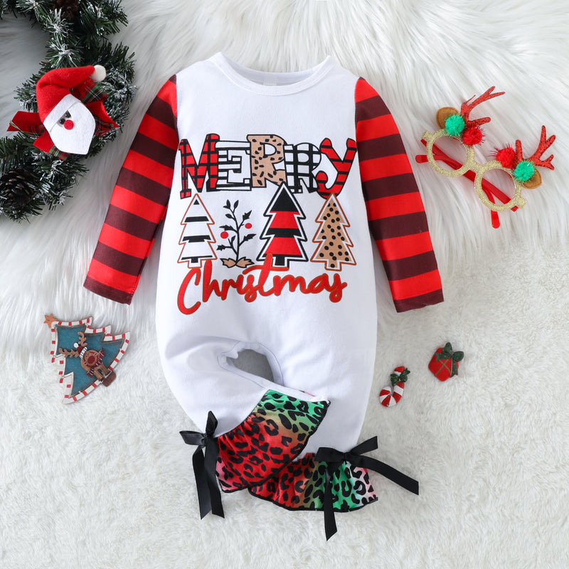 Baby Boys Girls Solid Color Christmas Print Long-sleeved Jumpsuit - PrettyKid