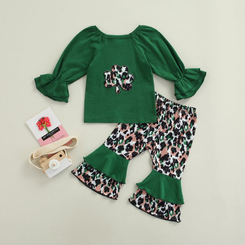 Toddler Kids Girls Green Round Neck Trumpet Sleeve Top Leopard Clover Long Sleeve Set - PrettyKid