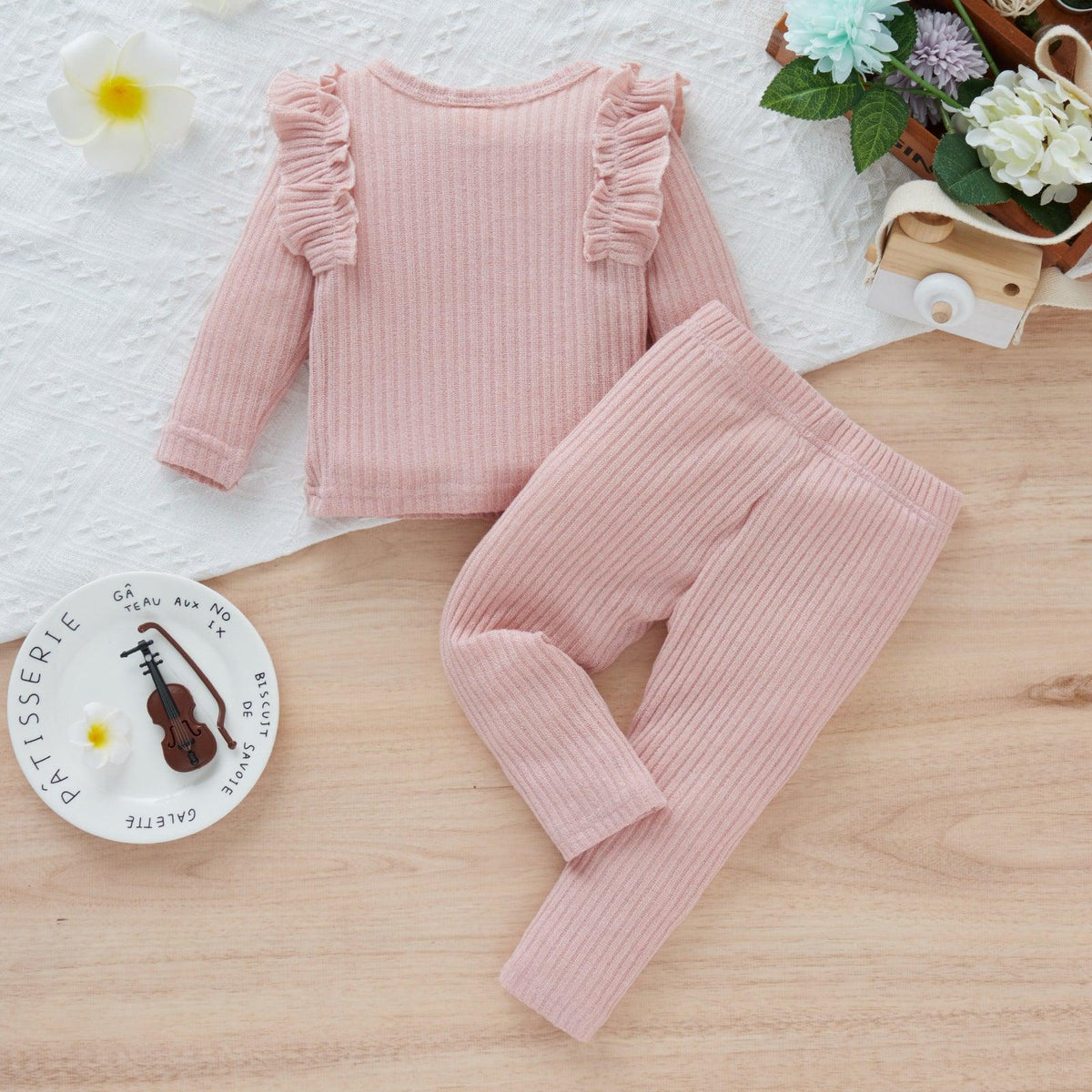 Toddler Kids Girls Solid Cotton Bow Long Sleeve Pants Set - PrettyKid