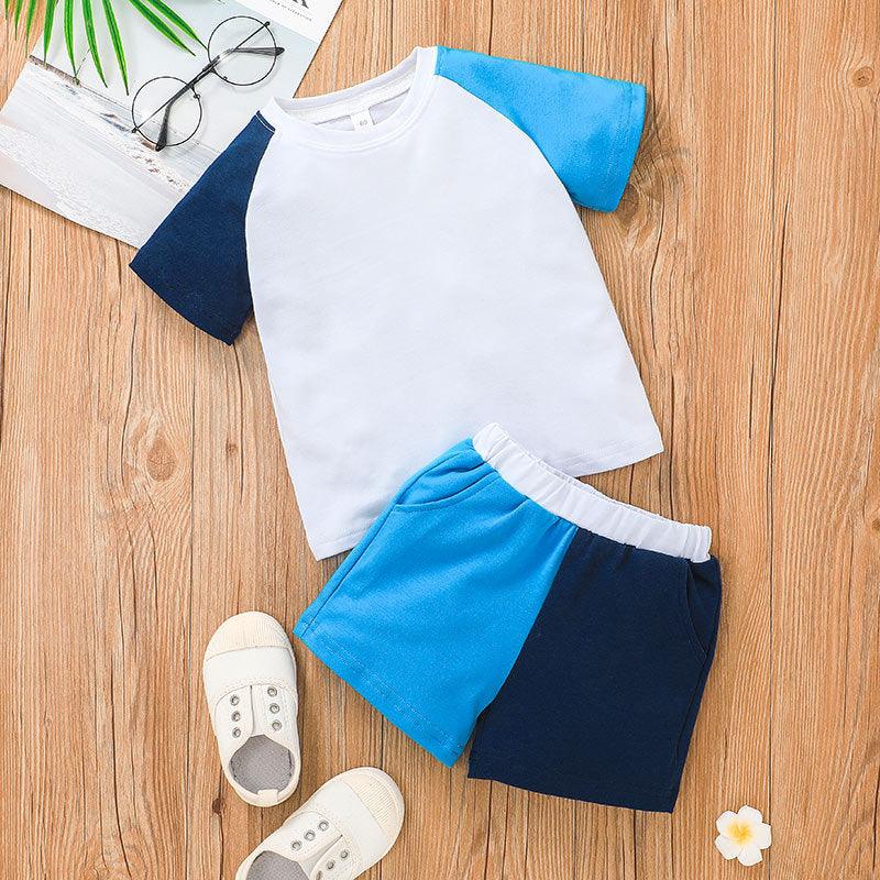 Toddler Kids Boys Summer Solid Color Contrast Short Sleeve Suit - PrettyKid