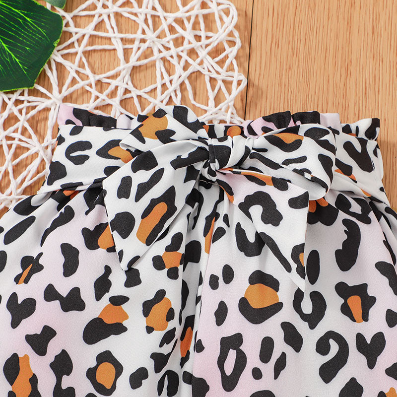 Baby Girls Solid Letter Short Sleeved Jumpsuit Leopard Print Pants Hair Accessories Set - PrettyKid