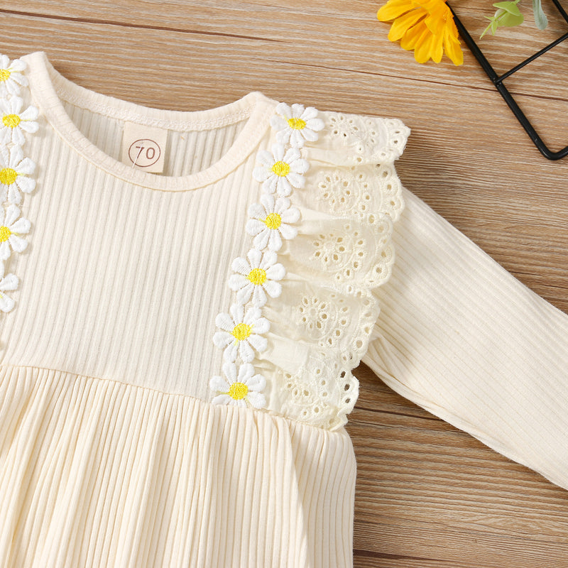 Baby Girls Solid Colour Daisy Embroidered Lace Patchwork Long Sleeve Jumpsuit - PrettyKid