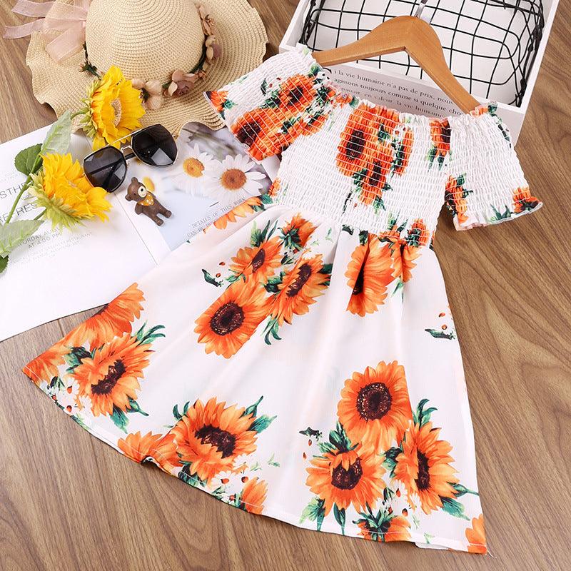 Toddler Kids Girl Summer Sunflower Print Short Sleeve Dress - PrettyKid