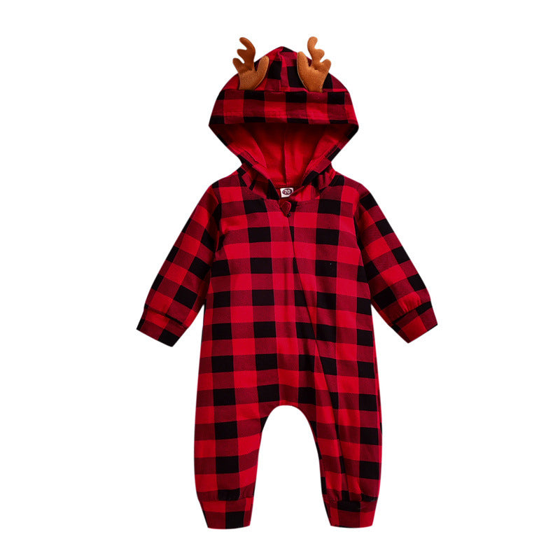 Baby Boys Christmas Plaid Cute Moose Hooded Jumpsuit - PrettyKid