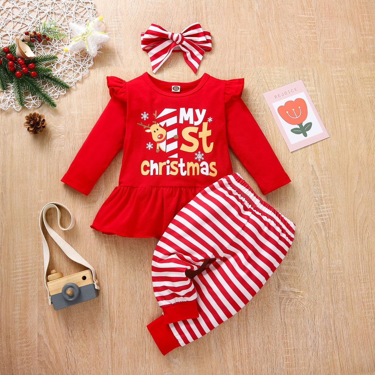 Girls Cute Cartoon Christmas Printed Long Sleeved Top Long Pants Hair Accessories Set - PrettyKid