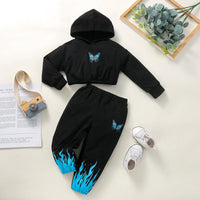 Toddler Girls Solid Blue Butterfly Print Long Sleeve Hoodie Set - PrettyKid