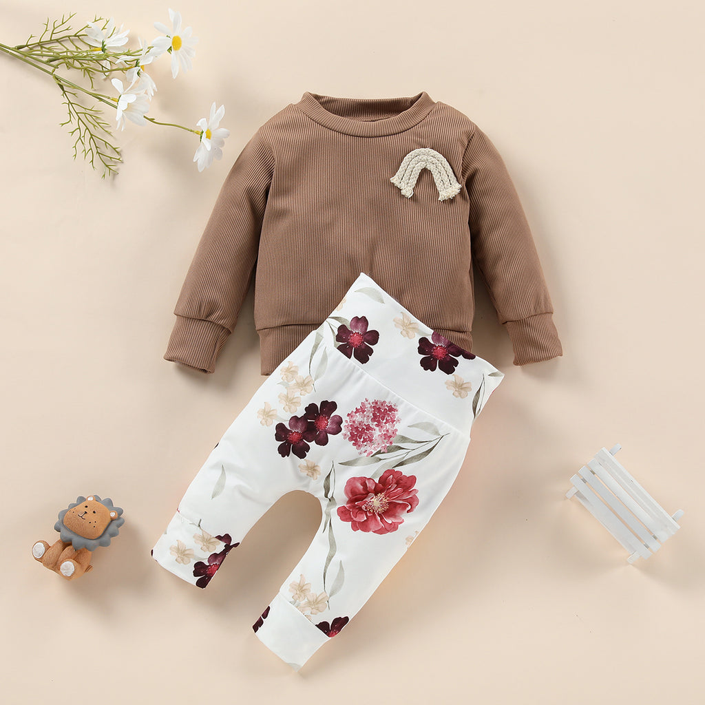 Toddler Kids Solid Color Knitted Rainbow Top Flower Printed Pants Set - PrettyKid