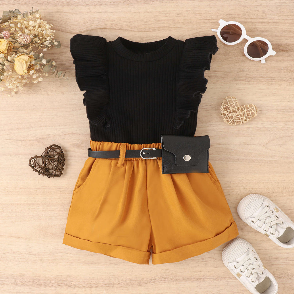 Spring and Summer Cotton Pit Strip Flying Sleeve Top Solid Color Shorts with Waist Bag Girls Suit