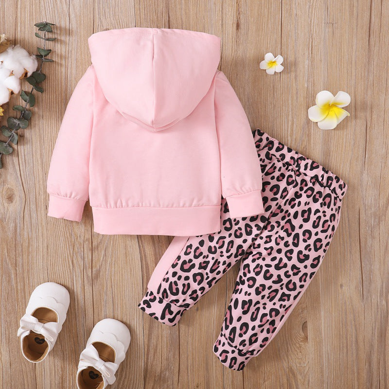 Toddler Girls Letter Print Pink Hoodie Sweatshirt Leopard Print Pants Set - PrettyKid