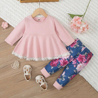 Toddler Kids Girls' Solid Lace Stitching Top Flower Print Pants Set - PrettyKid