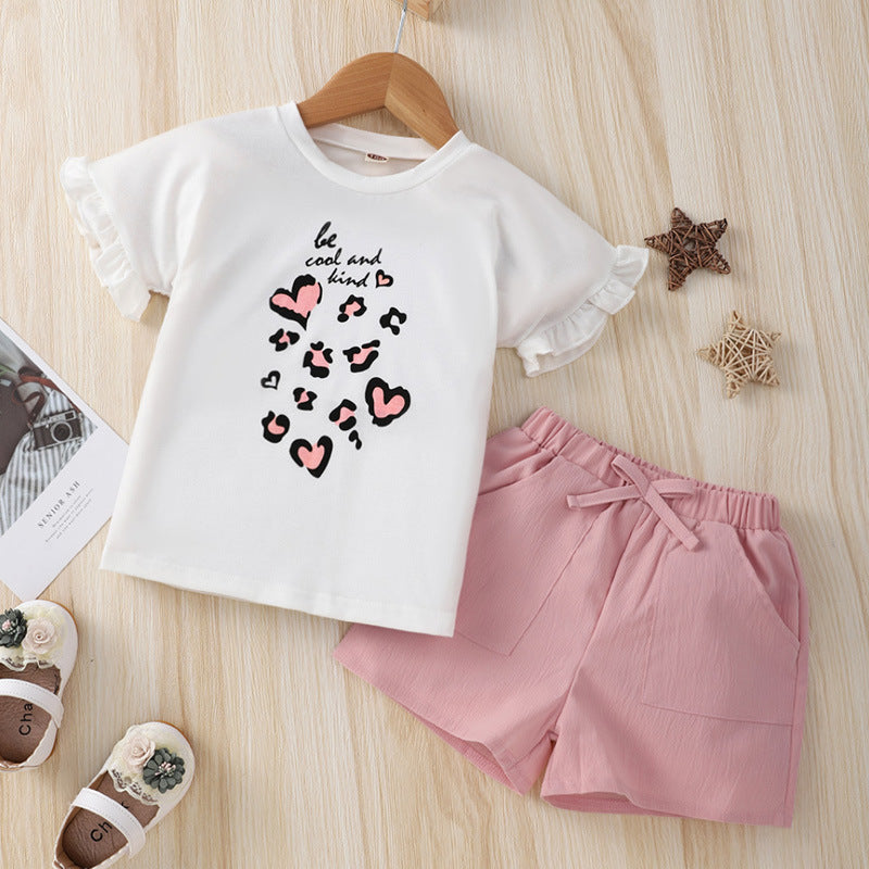 Toddler Kids Girl Solid Color Cartoon Print White Short Sleeve T-Shirt Pink Shorts Set - PrettyKid