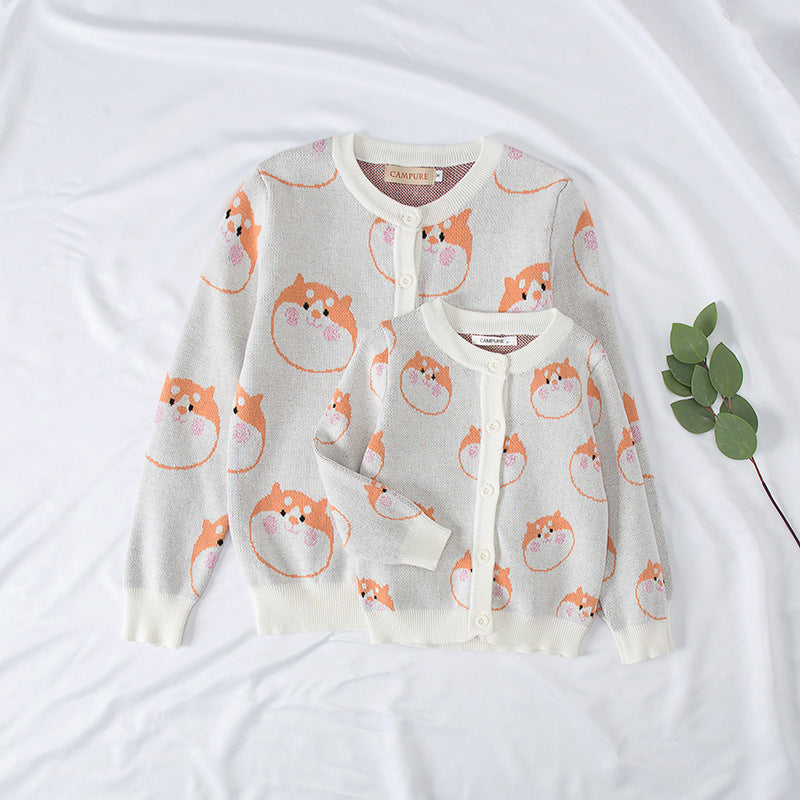 Cartoon Cat Print Mommy And Me Cardigan Sweater - PrettyKid