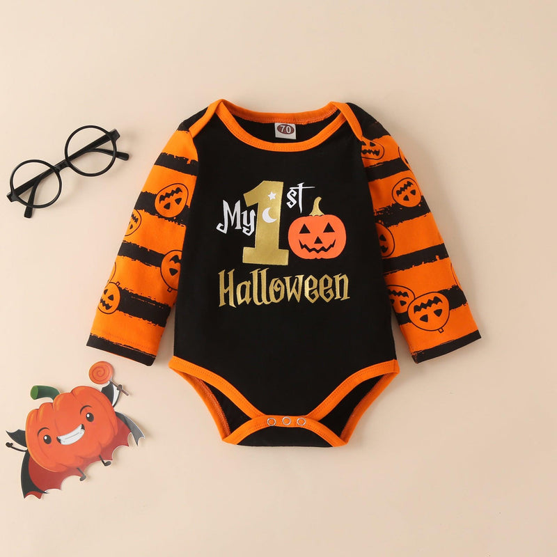 Baby Halloween Cartoon Print Long Sleeve Jumpsuit Striped Trousers Hat Set - PrettyKid