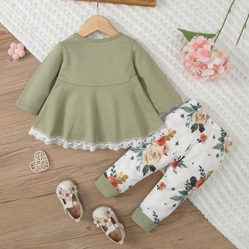 Toddler Kids Girls' Solid Lace Stitching Top Flower Print Pants Set - PrettyKid