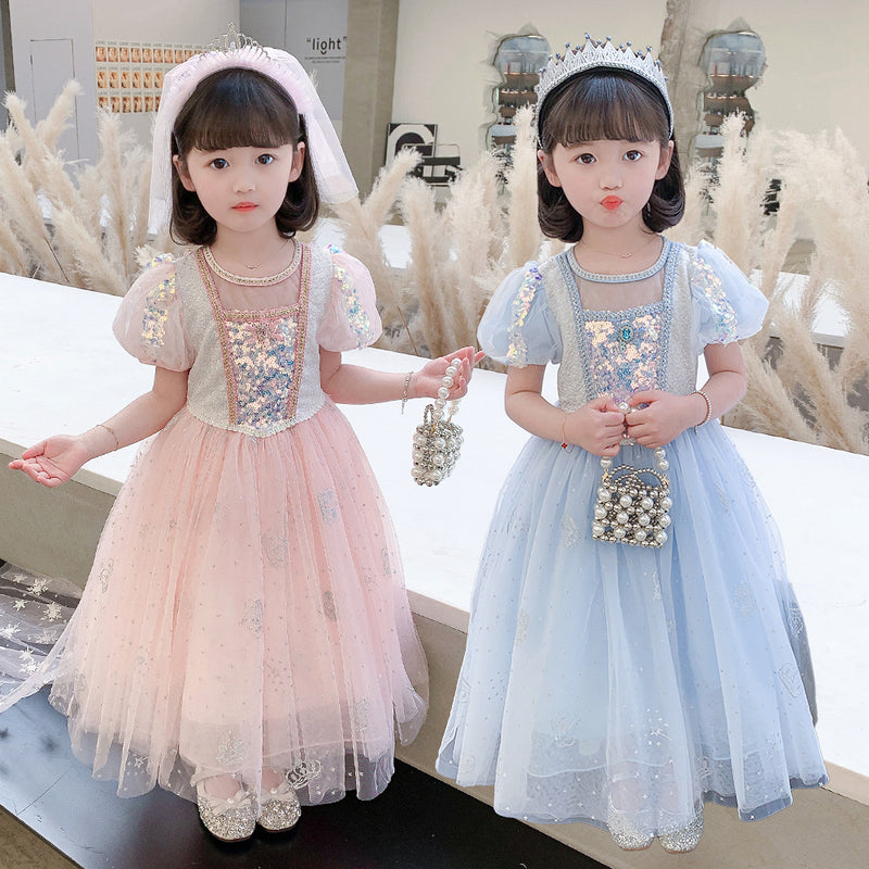 Toddler Kids Girls Solid Sequin Square Neck Bubble Sleeve Mesh Stitched Fluffy Skirt Princess Dress - PrettyKid
