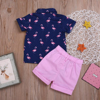 Toddler Kids Boys Flamingo Print Short Sleeve Gentleman Suit - PrettyKid