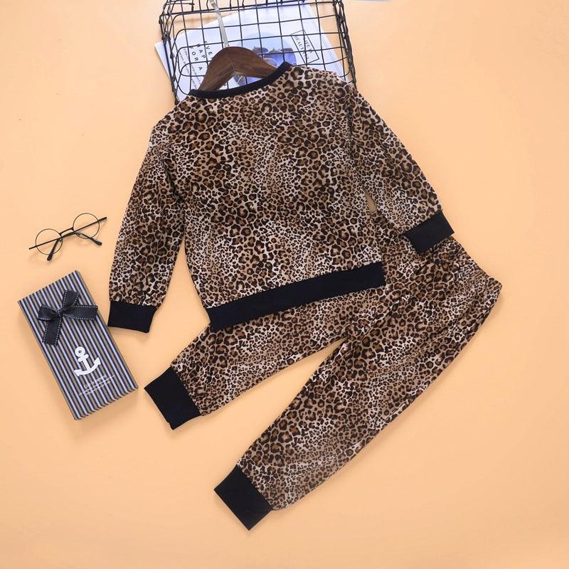 Toddler Kids Girls Round Neck Long Sleeve Leopard Print Set - PrettyKid