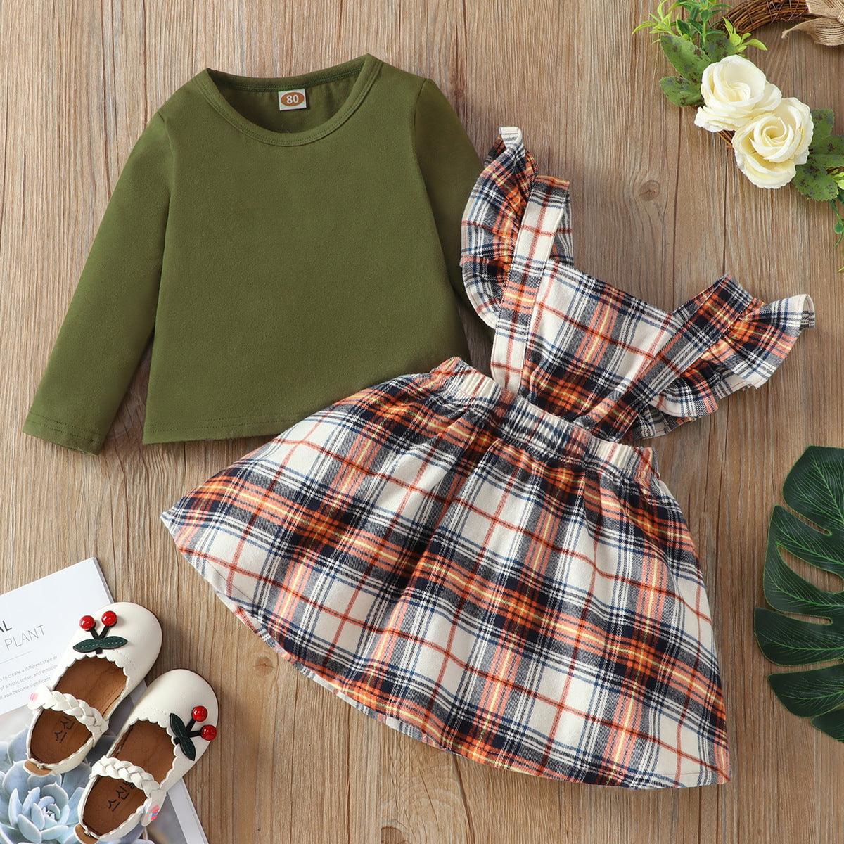 Toddler Girl Solid Color Long Sleeve Round Neck T-shirt Plaid Straps Skirt Set - PrettyKid