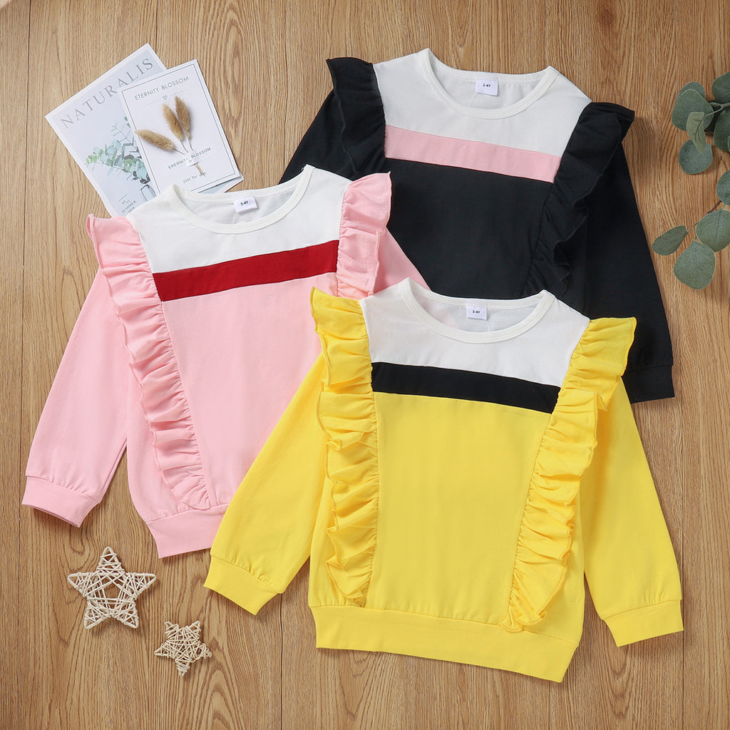 Toddler Kids Girls Solid Color Long Sleeve Ruffle Color Blocking Blouse - PrettyKid