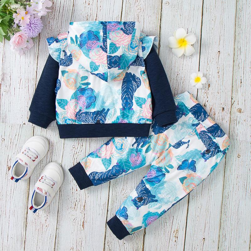 Toddler Kids Boys Girls Cartoon Animal Floral Print Hooded Sweatshirt and Pants Set - PrettyKid