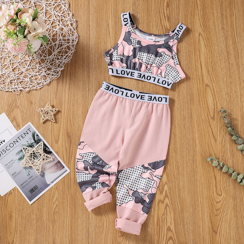 Toddler Kids Girls Solid Color Cartoon Printed Sleeveless Vest Trousers Summer Suit - PrettyKid