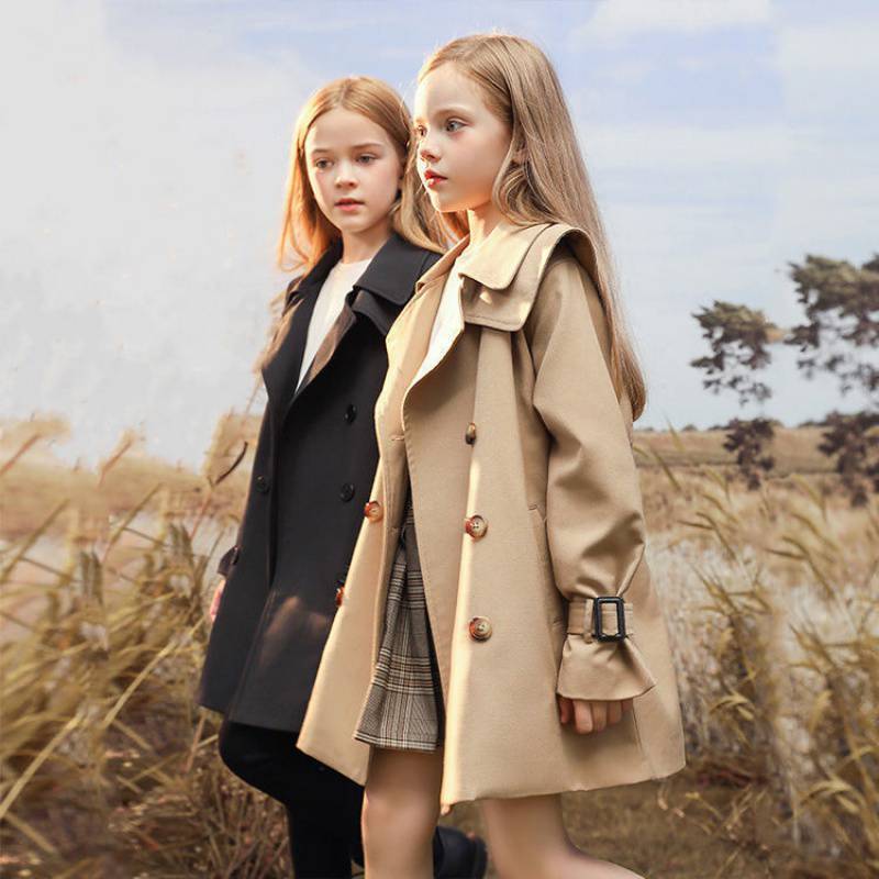 2022 Girls' Solid Navy Collar Long Trench Coat with Belt - PrettyKid