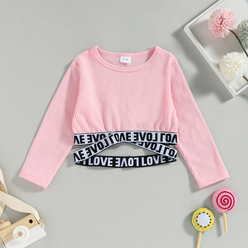 Toddler Kids Girls Solid Color Letters Stitching Long Sleeved Top Ruffle Short Skirt Set - PrettyKid