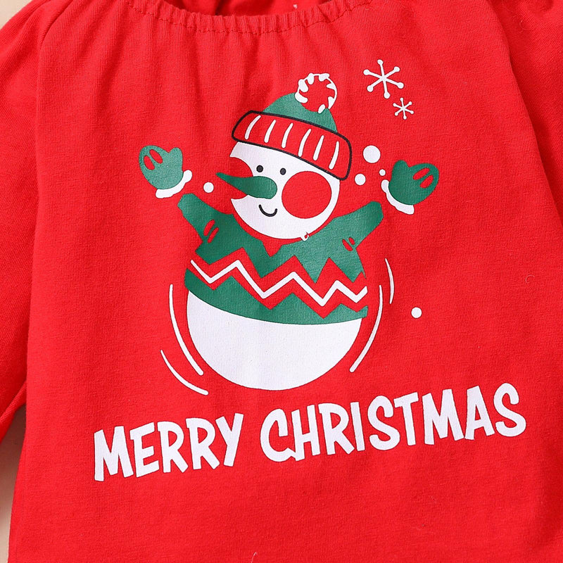 Toddler Girls Solid Color Cartoon Christmas Print Flared Sleeve Suit - PrettyKid