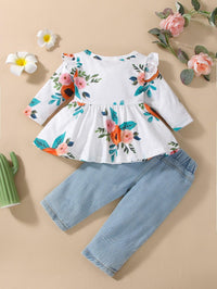 Toddler Girls Long Sleeved Floral Print Top Denim Pants Set - PrettyKid