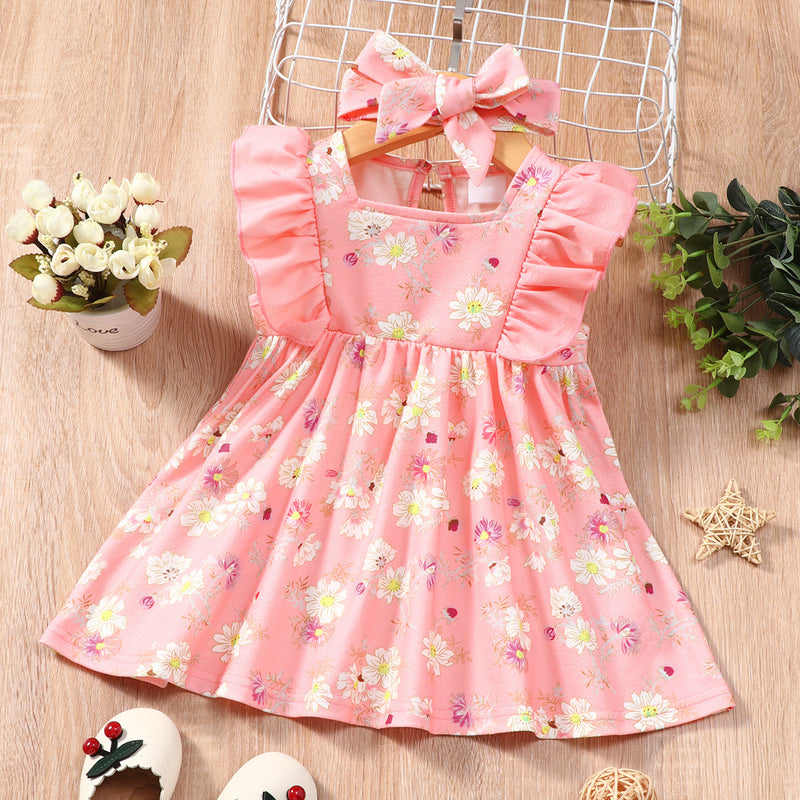 Toddler Girls Solid Flower Print Sleeveless Dress - PrettyKid