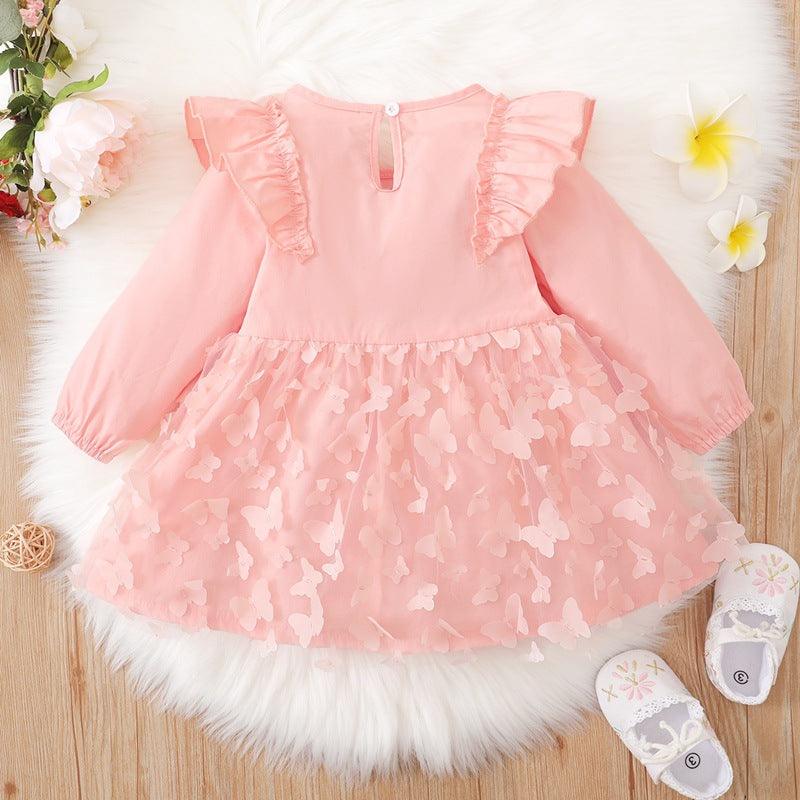 Toddler Kids Girls Pink Butterfly Long Sleeve Mesh Stitching Dress - PrettyKid