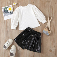 Toddler Kids Girls Solid Color Round Neck Knit Top PU Leather Skirt - PrettyKid