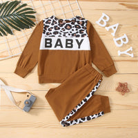 Toddler Kids Solid Color Leopard Print Patchwork Long-sleeved Suit - PrettyKid